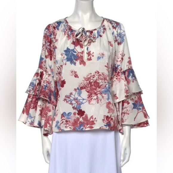 MISA Los Angeles Blouse Bell Sleeve Floral Print USA V-Neckline Ruffle Size S - Picture 1 of 9